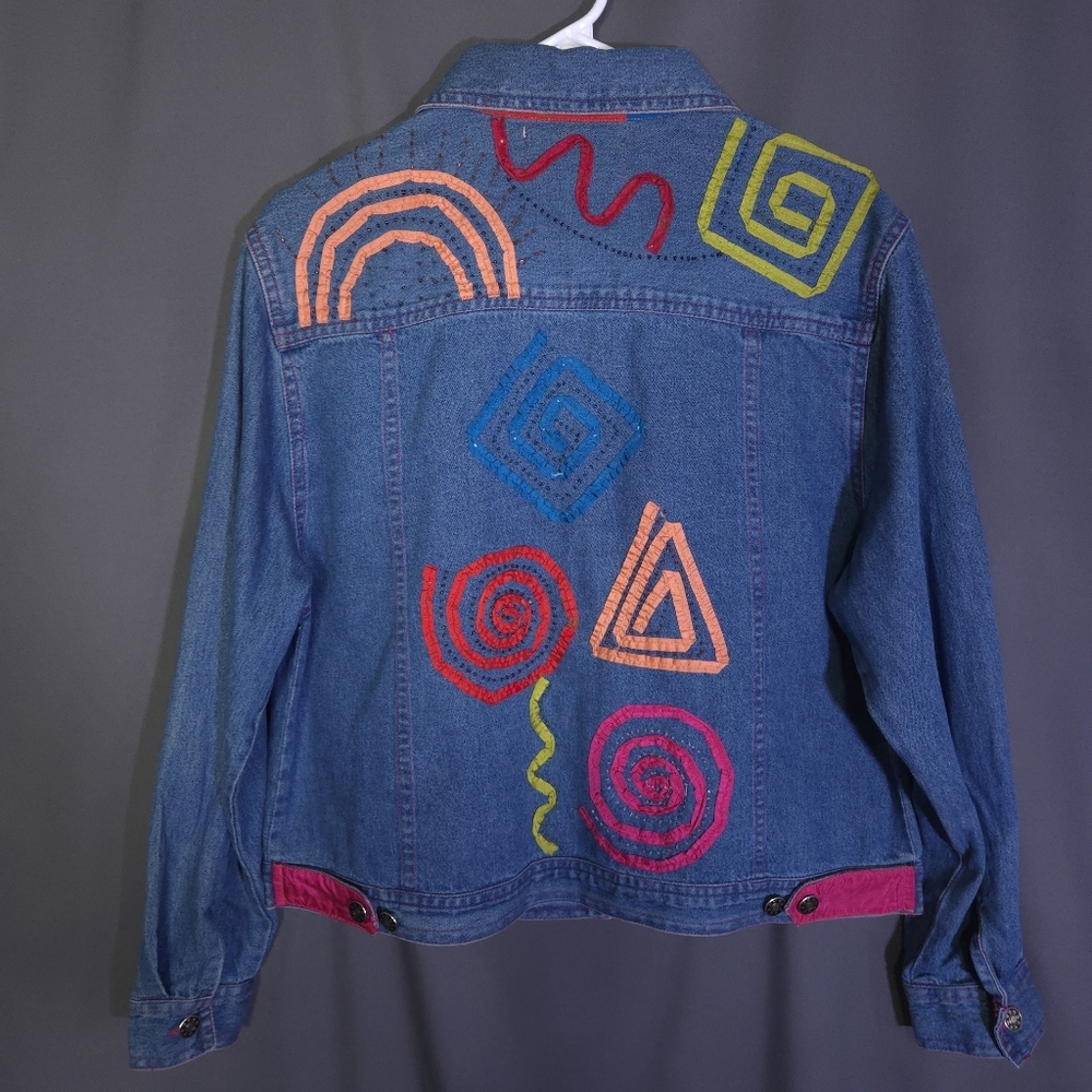 Vintage 90s Tantrums Beaded Jean Jacket Size‎ Medium 100% Cotton Geometric Artsy